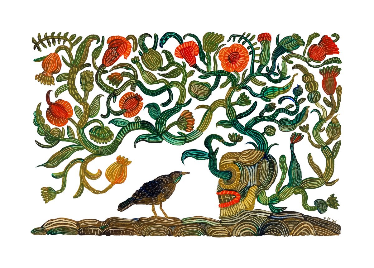 Naive Watercolour , Skull And Bird By Yuliia Dunaieva, 28 X 20, Artwork For Sale On Artfinder