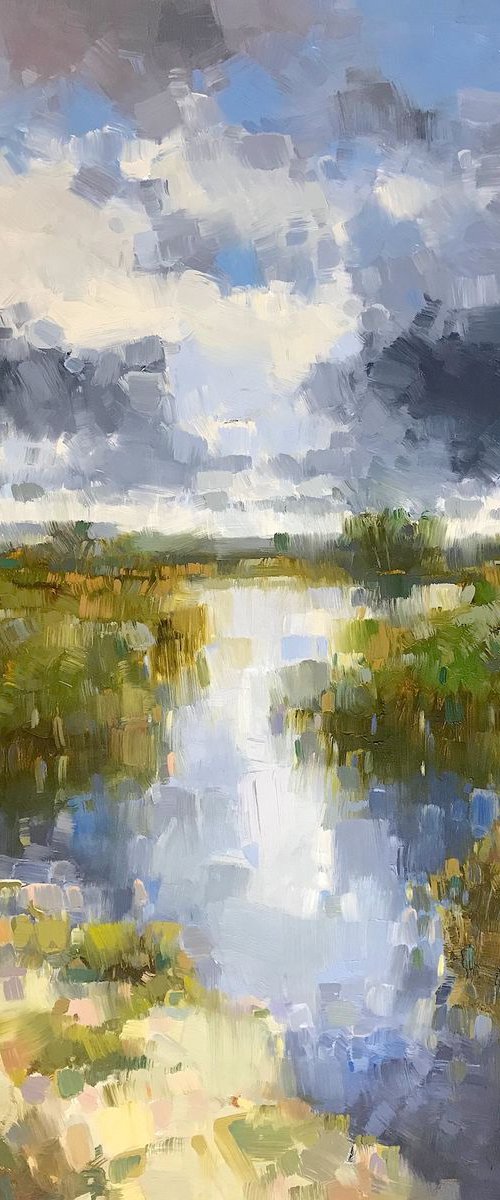 Riverside, Landscape oil painting, One of a kind, Signed, Handmade artwork by Vahe Yeremyan