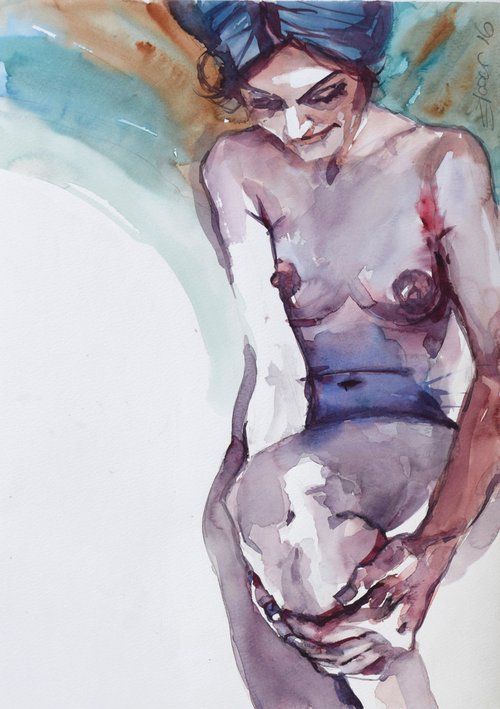 nude lying pose with hands resting on the knee... by Goran Žigolić Watercolors
