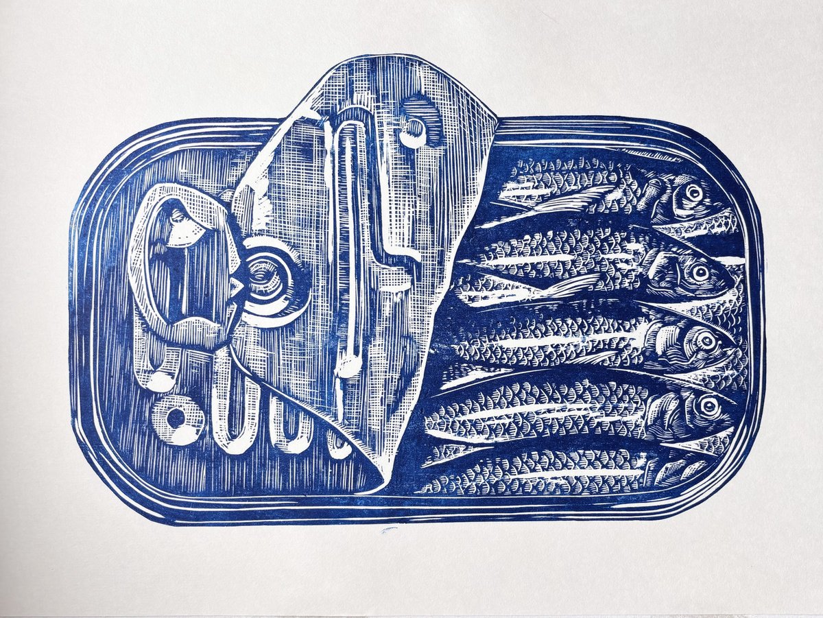Still Life Linocut By Amy Cundall, 17 X 12, Canned Sardines, Original Artwork