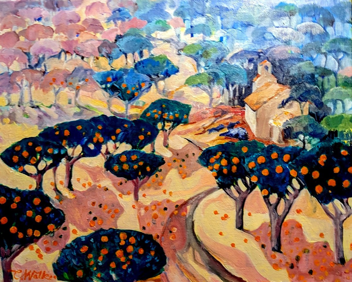 Impressionistic Landscape Oil Painting By Chris Walker, 16 X 13, Hyeres Oranges, Original Artwork