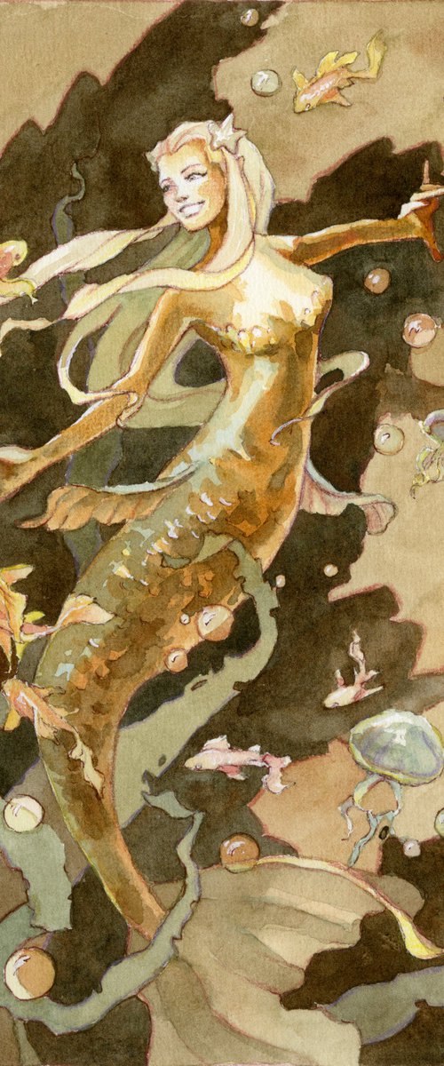 Mermaid and golden fishes, Fantasy illustration in watercolor by Yulia Evsyukova