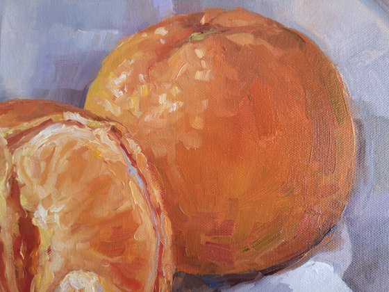 Two mandarines #2, original, one of a kind, impressionistic style still life painting (20x20x2'')