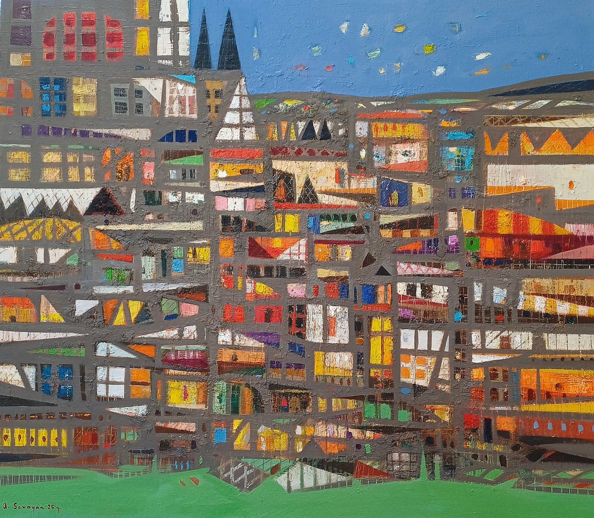 Abstract Cityscapes Oil Painting By Aram Sevoyan, 31 X 28, Urban Mosaic, Original Artwork