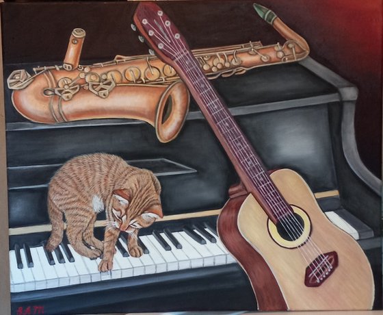 Playing Music: Ginger cat with Piano, Saxophone, and Guitar