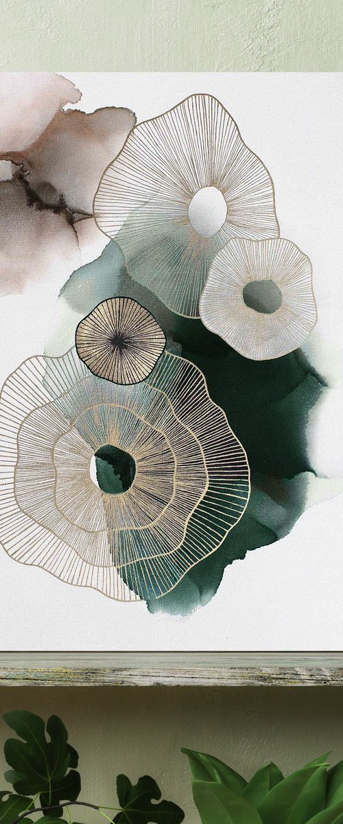 "Emerald golden molecules" Abstract green art by Marine Boiko