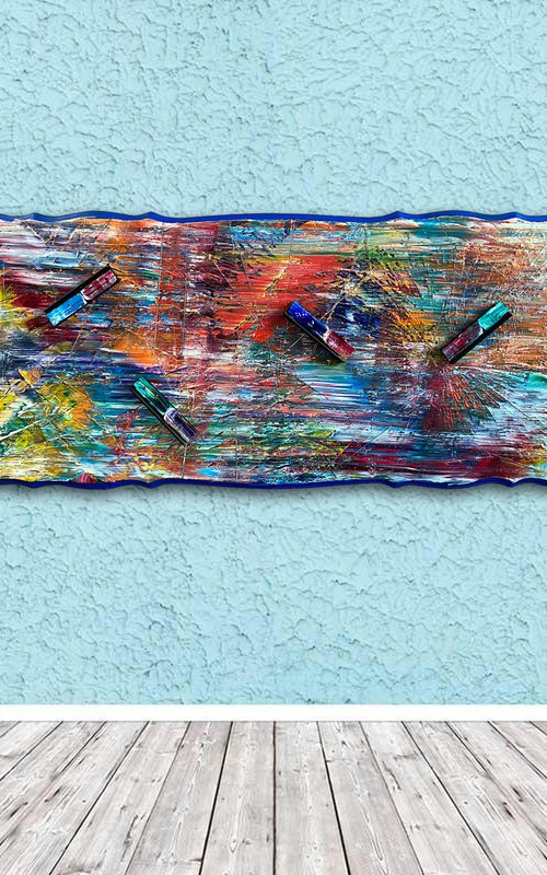 "A Hard Pill To Swallow" - Original PMS Mixed Media Assemblage Sculptural Painting on Recycled Wooden Coffee Table, - 50 x 22 inches by Preston M. Smith (PMS)
