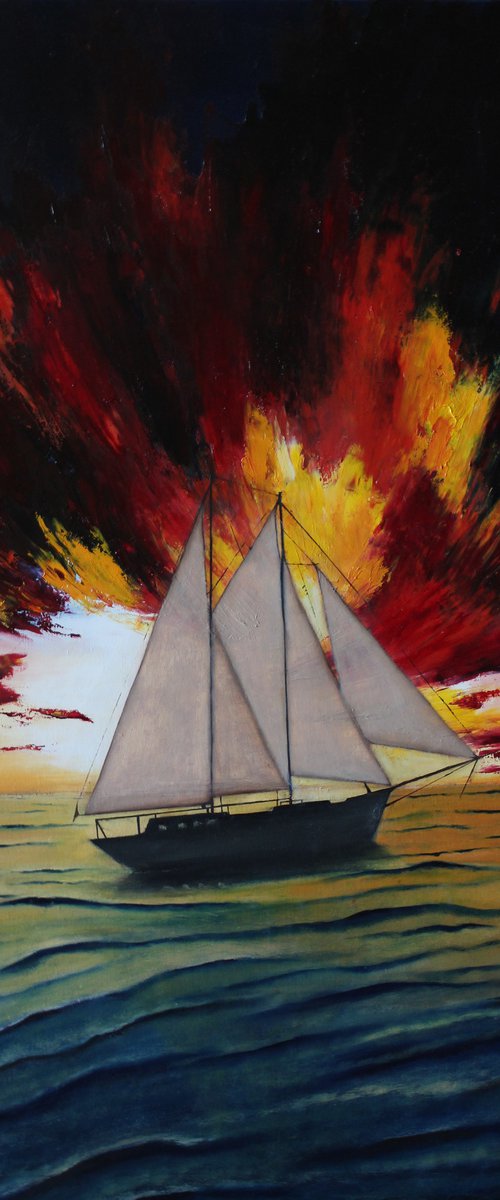 Ship in the sunset, 70x100 cm by Anastasiia Novitskaya