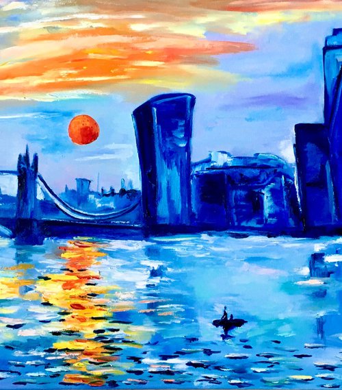 London city, sunrise, Impressionism. London variations of blue colours: ultramarine, navy blue, turquoise, sky blue, cobalt, palette knife original artwork. by Olga Koval