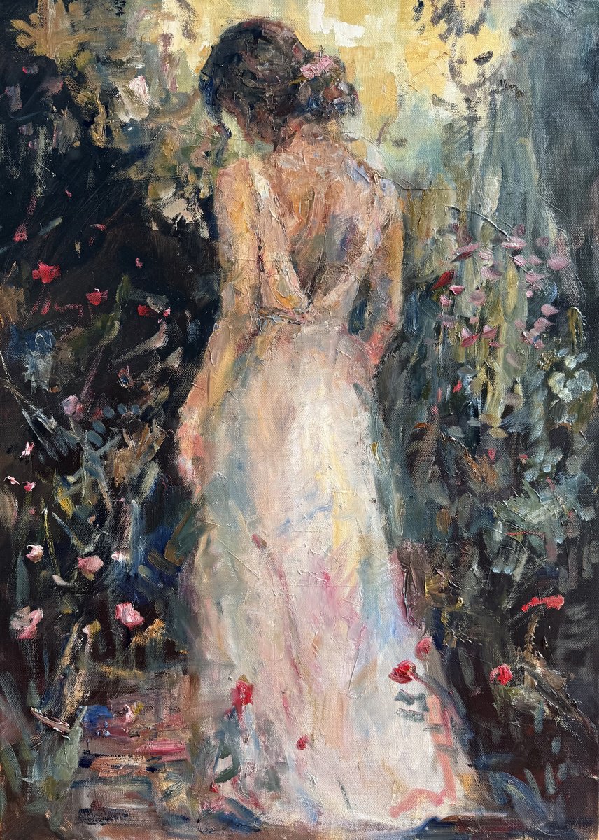 Expressive Portrait Oil Painting By Liubou Sas, 20 X 28", In The Garden, Original Artwork