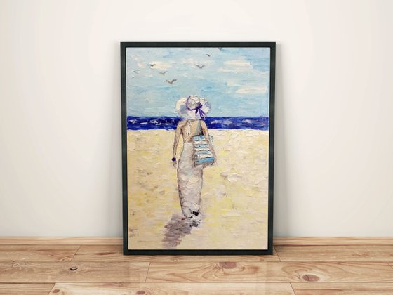 Original Oil Painting with palette knife, Gift idea, Lady on the beach