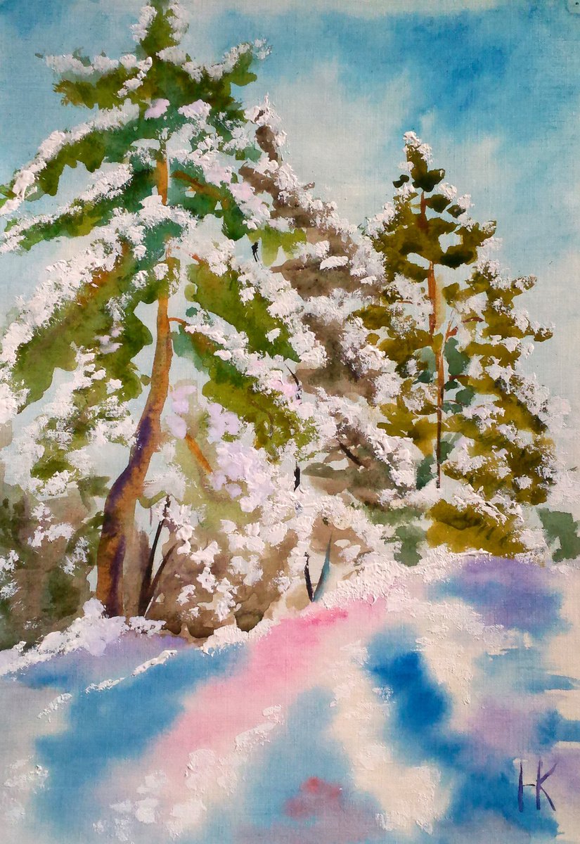 Pine Forest Painting Christmas Original Art Pine Trees Small Watercolor Winter Forest Artw... by Halyna Kirichenko