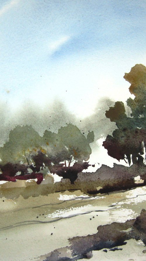 Cottonwoods Along The Acequia - Original Watercolor Painting by CHARLES ASH