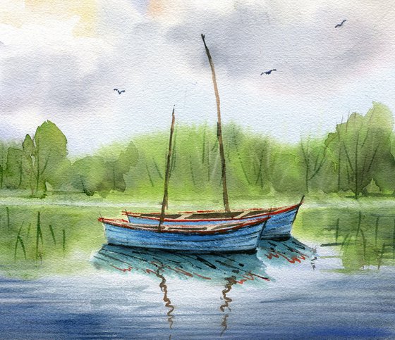 Sailing boats on a river original watercolor artwork , farmhouse decor, cloudy landscape