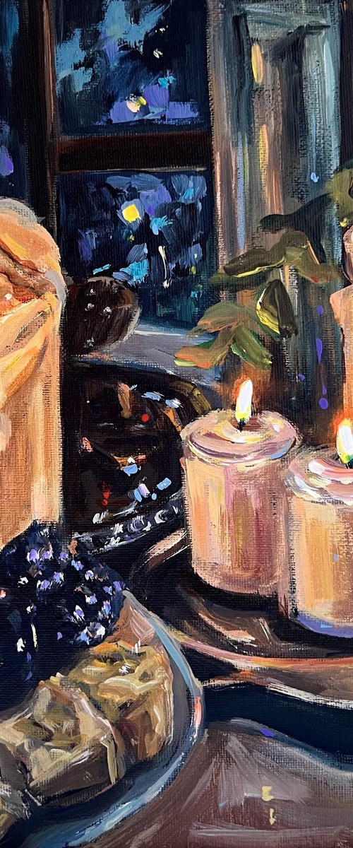 Still Life with Candles, Grapes and Cheese by Victoria Sukhasyan