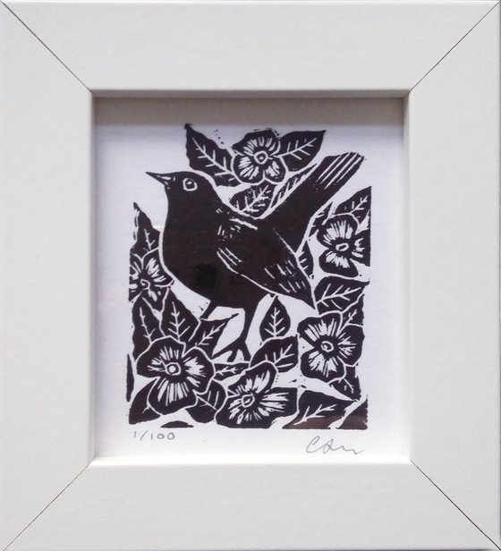 Tiny Blackbird - miniature linocut print - Framed and ready to hang