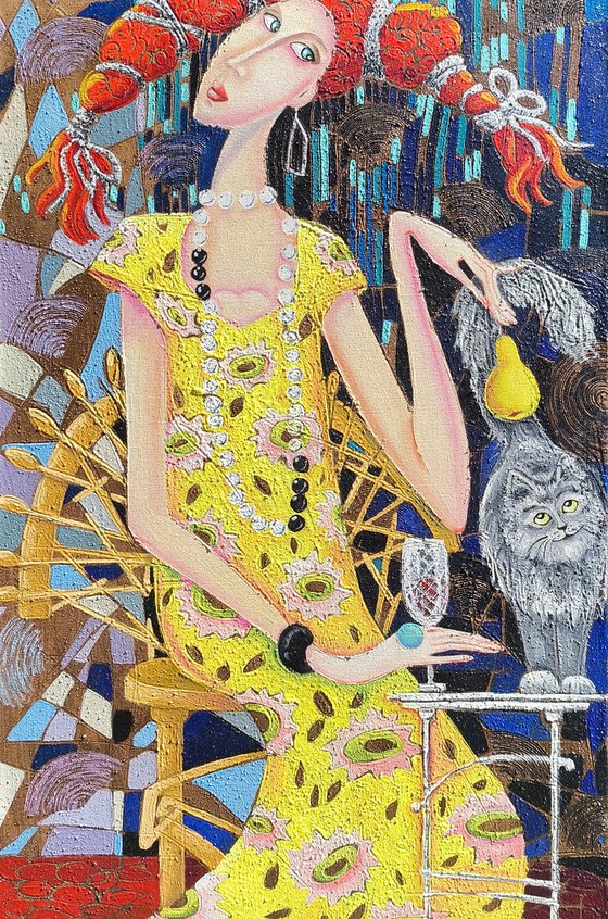 Lady, cat and pear