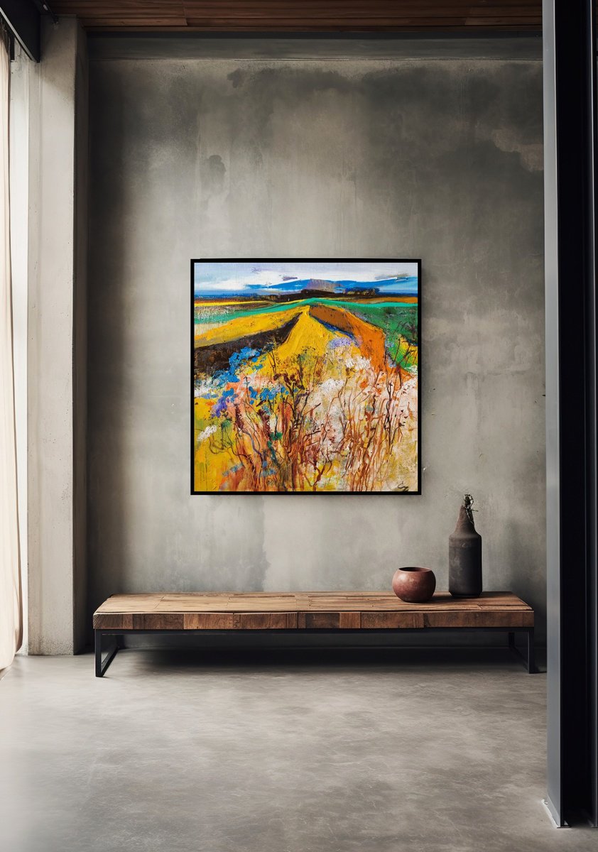 Impressionistic Landscape Oil Painting By Victoria Cozmolici, 31 X 31", Wildflowers, Original Artwork