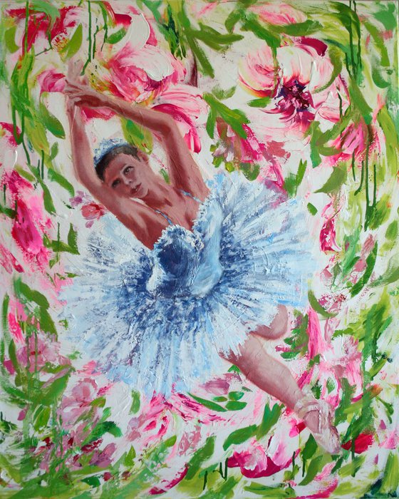 Ball of Spring... / Ballerina. Pink flowers. Vibration gentle colors /  ORIGINAL PAINTING