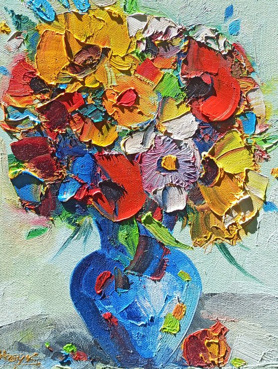 Field flowers in vase-1 (27x38cm, oil painting,  ready to hang)