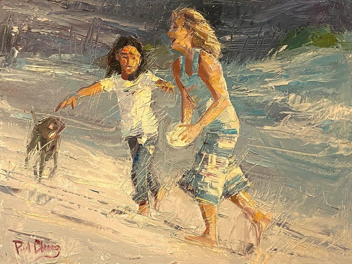 Impressionistic Landscape Oil Painting By Paul Cheng, 12 X 9", Beach Girls, Original Artwork