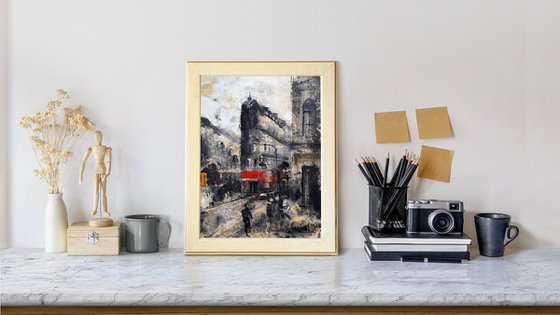 A day in the big city. Canvas painting