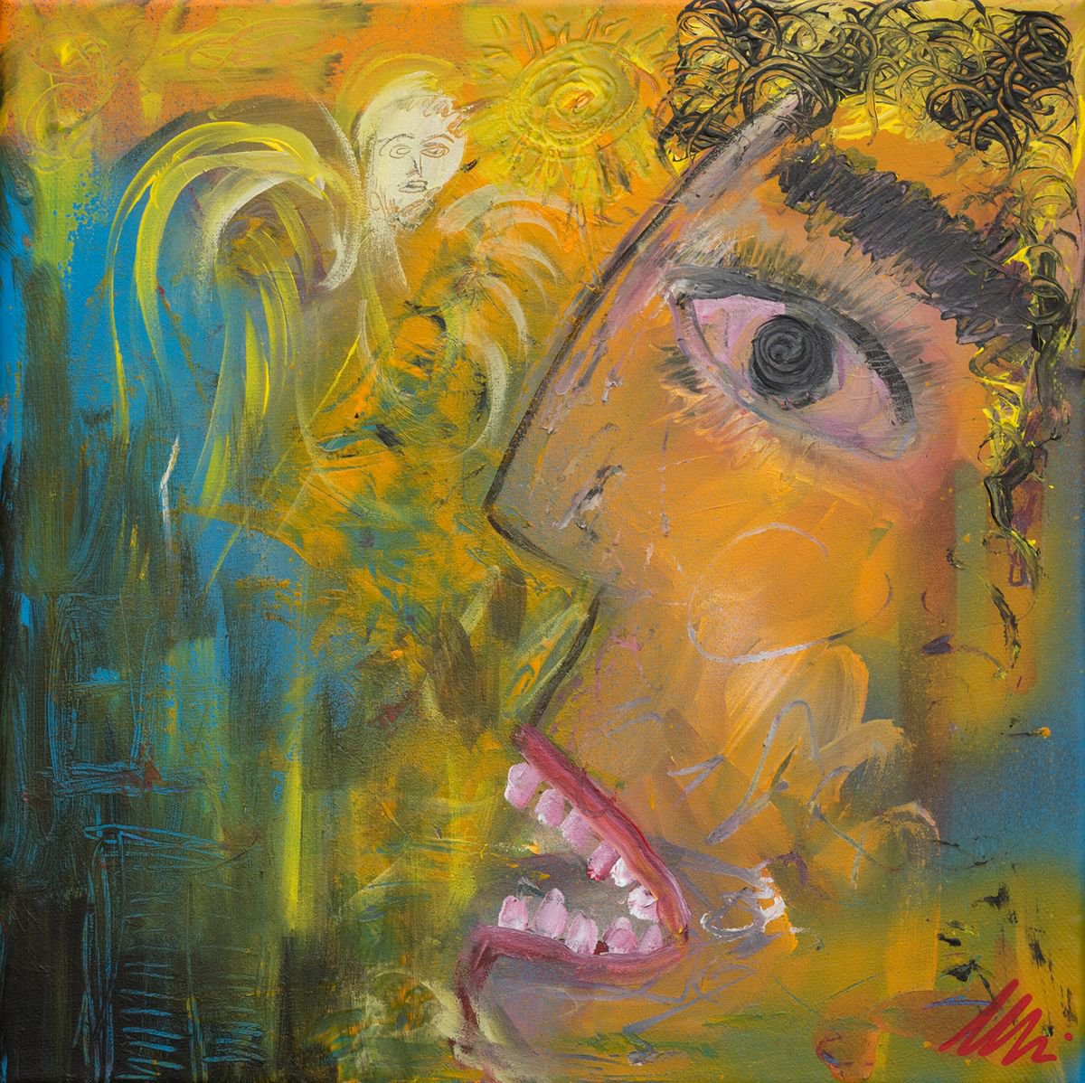 Naive Portrait Acrylic Painting By Peter Zelei, 12 X 12", Chagall And The Angel, Original Artwork