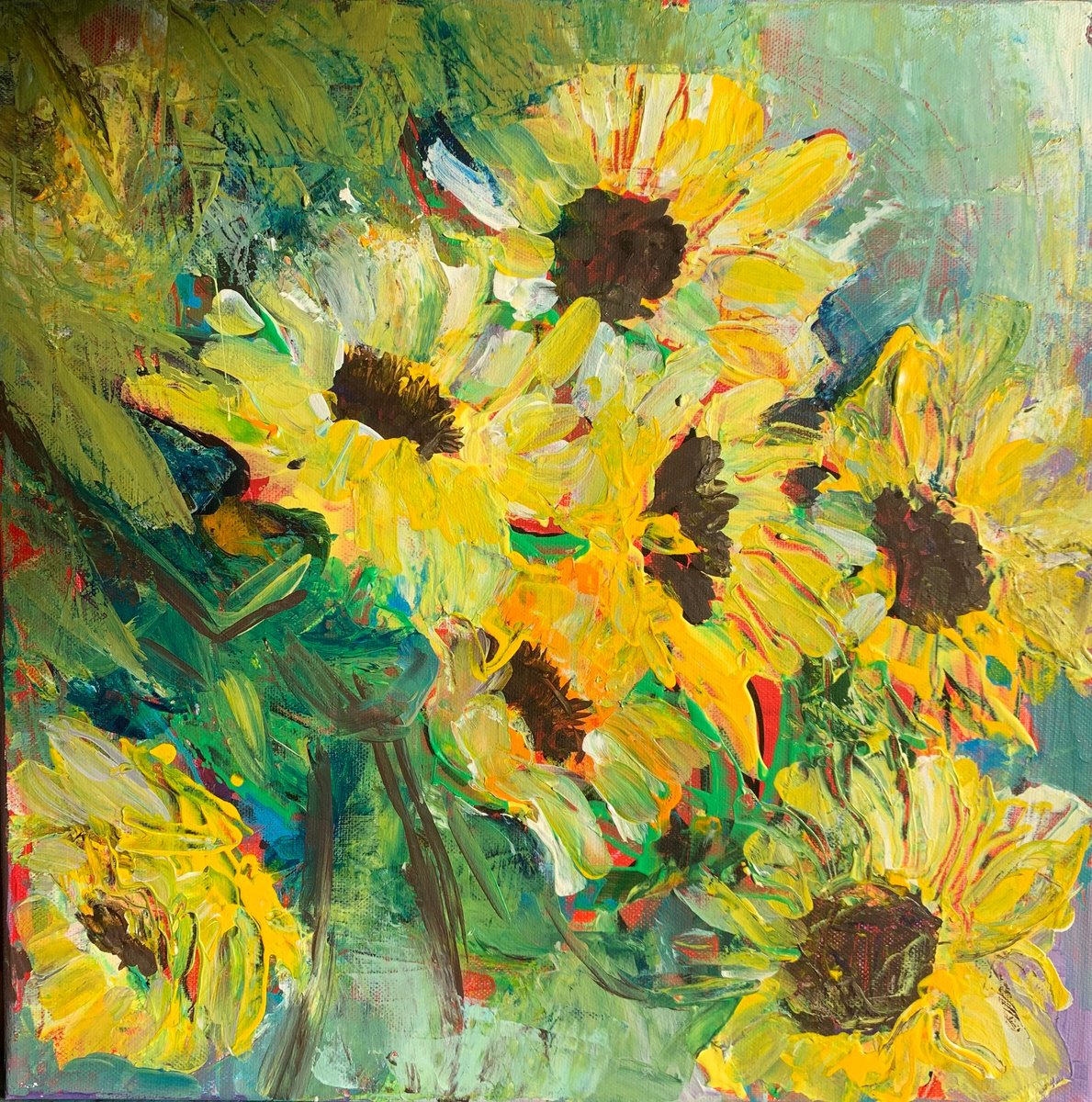 Impressionistic Botanical Acrylic Painting By Olga Pascari, 16 X 16", Sunflower Fields, Original Artwork