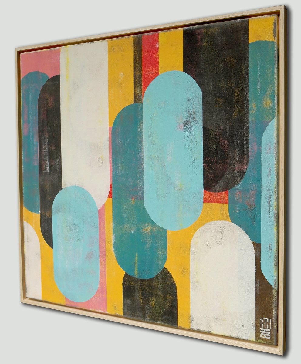 Abstract Acrylic Painting By Ronald Hunter, 33 X 33", Traffic Pink Square, Original Artwork