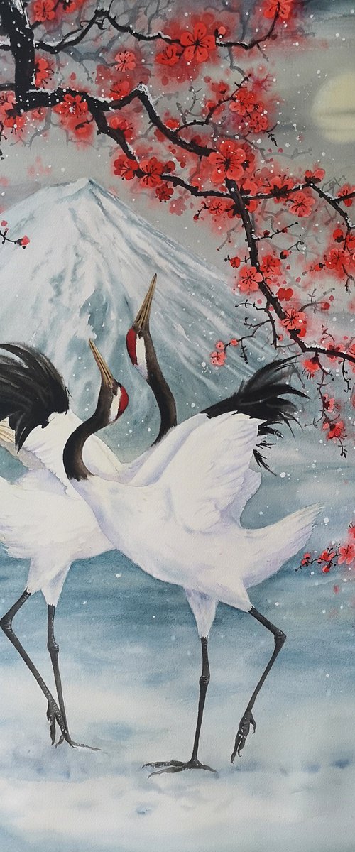 Red Crowned Cranes Dance by Olga Beliaeva Watercolour