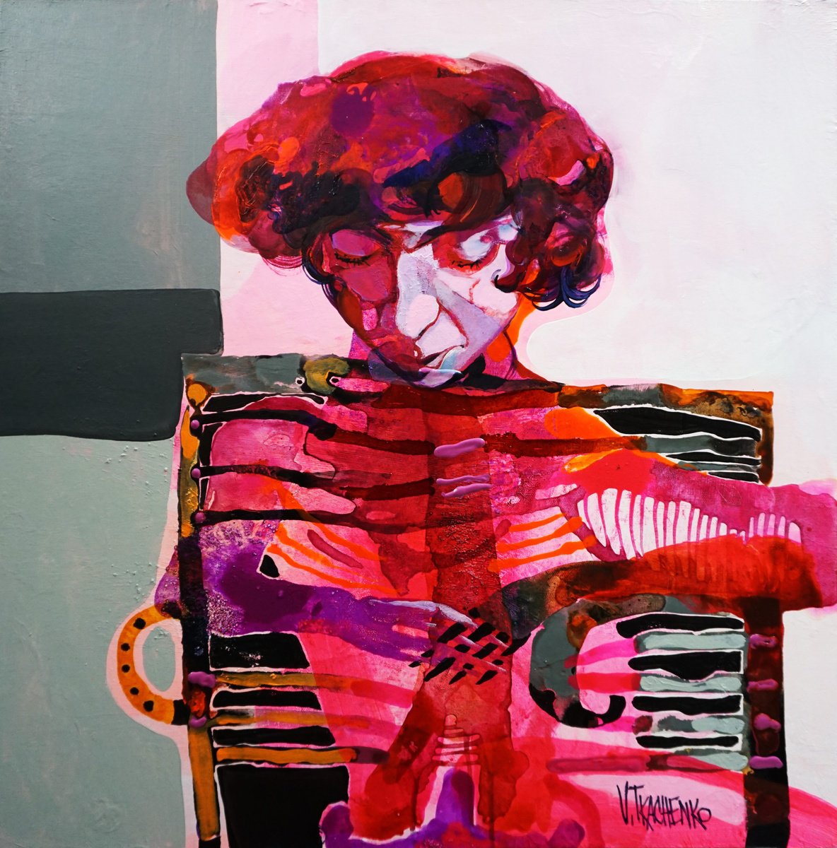 Organic Portrait Acrylic Painting By Victor Tkachenko, 24 X 24", No Secrets Left, Original Artwork