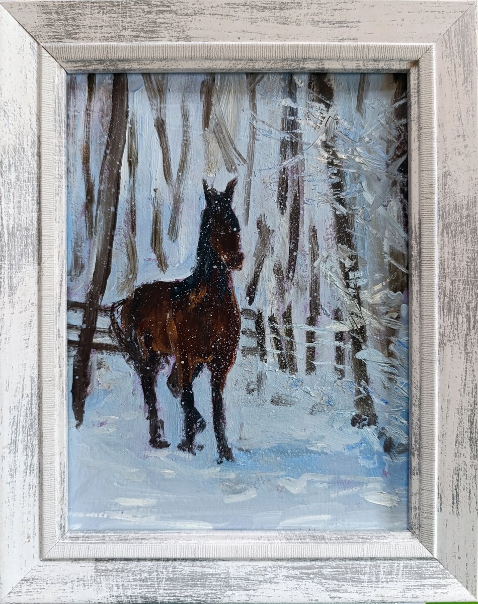 Horse And The First Snow By Salana Art / Svetlana Samovarova, 7 X 9, Artwork For Sale On Artfinder