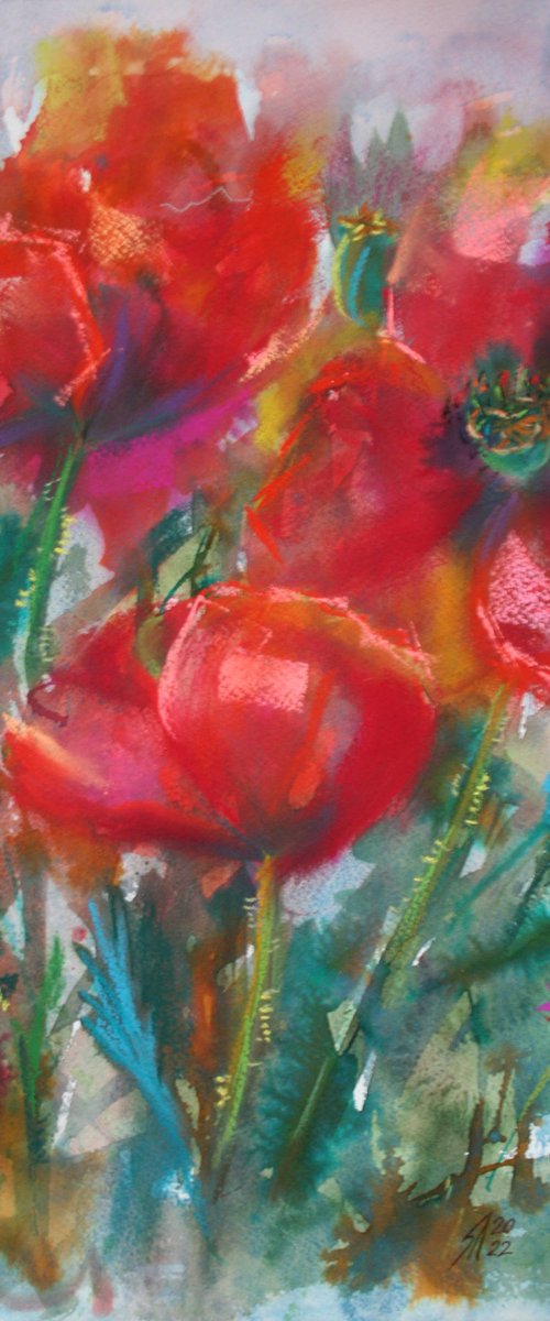 Expressive Red Flowers II / ORIGINAL PAINTING by Salana Art Gallery