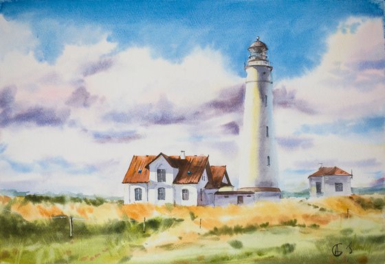 Danish lighthouse. Original watercolor. Medium size bright warm sky travel field gentle interior realism