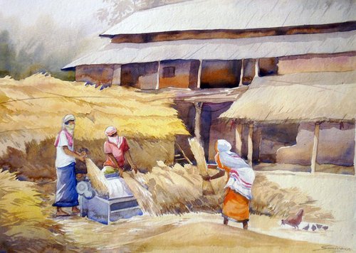 Bengal Village Harvest Time-Watercolor on Paper painting by Samiran Sarkar