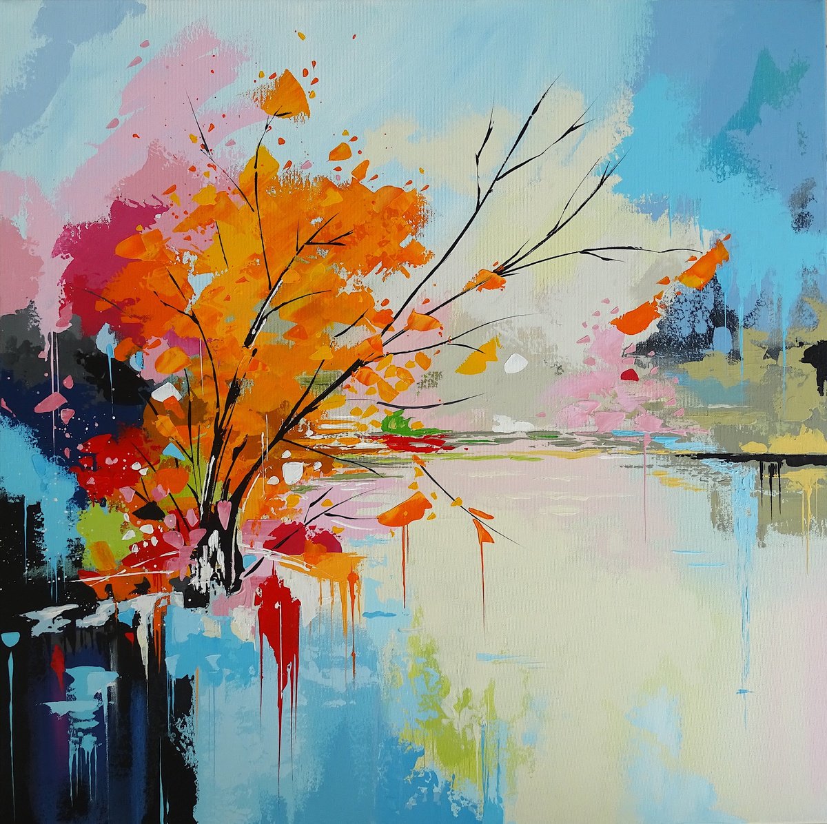 Abstract Landscape Acrylic Painting By Livien Rozen, 28 X 28", I See You In The Mirror Of Water, Original Artwork