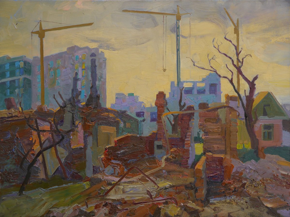 Impressionistic Cityscapes Oil Painting By Victor Onyshchenko, 31 X 24", Destruction And Creation, Original Artwork