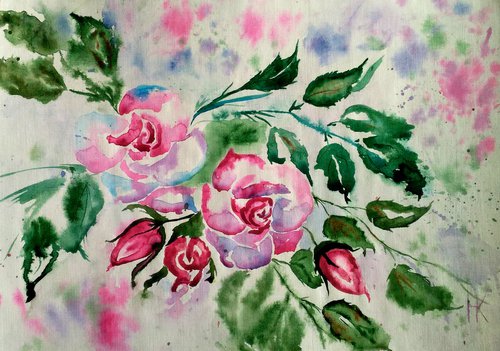 Rose Painting Floral Original Art Flowers Watercolor Artwork Small Wall Art 12 by 8" by Halyna Kirichenko by Halyna Kirichenko