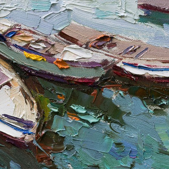 Moored rowing boats - Original oil seascape painting