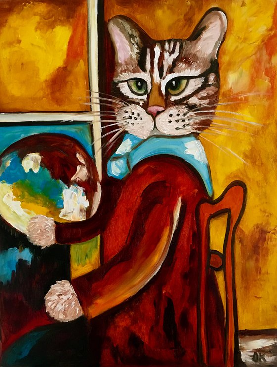 Troy The Cat  as an artist inspired by self-portrait of Amedeo Clemente Modigliani