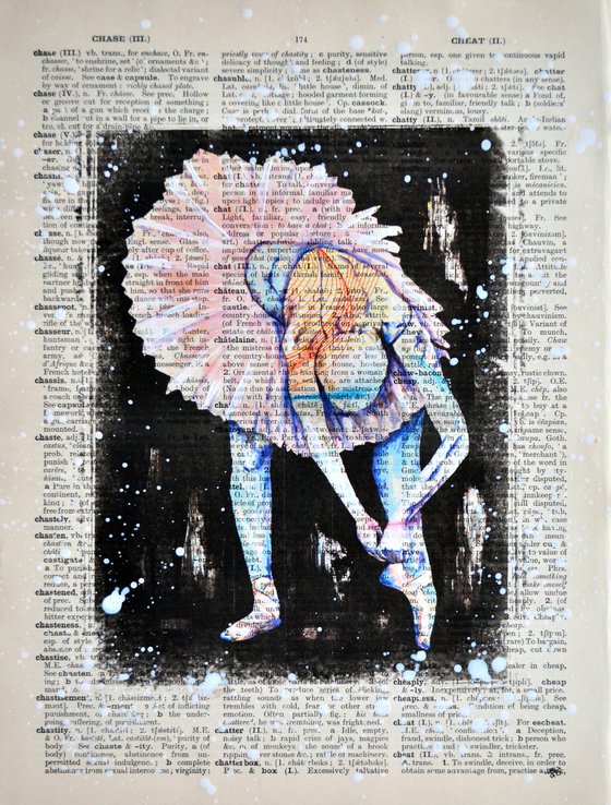 Ballerina - Collage Art on Large Real English Dictionary Vintage Book Page