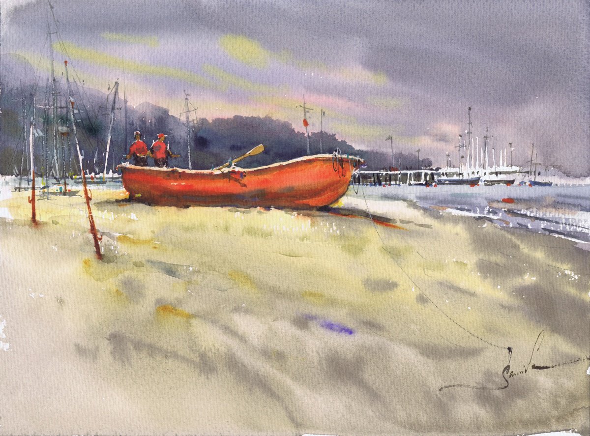 Illustrative Landscape Watercolour By Samira Yanushkova, 12 X 9", Boat In Silence, Original Artwork