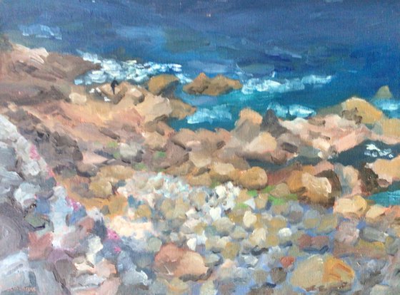 On the rocks at Sennen, Cornwall, oil painting.