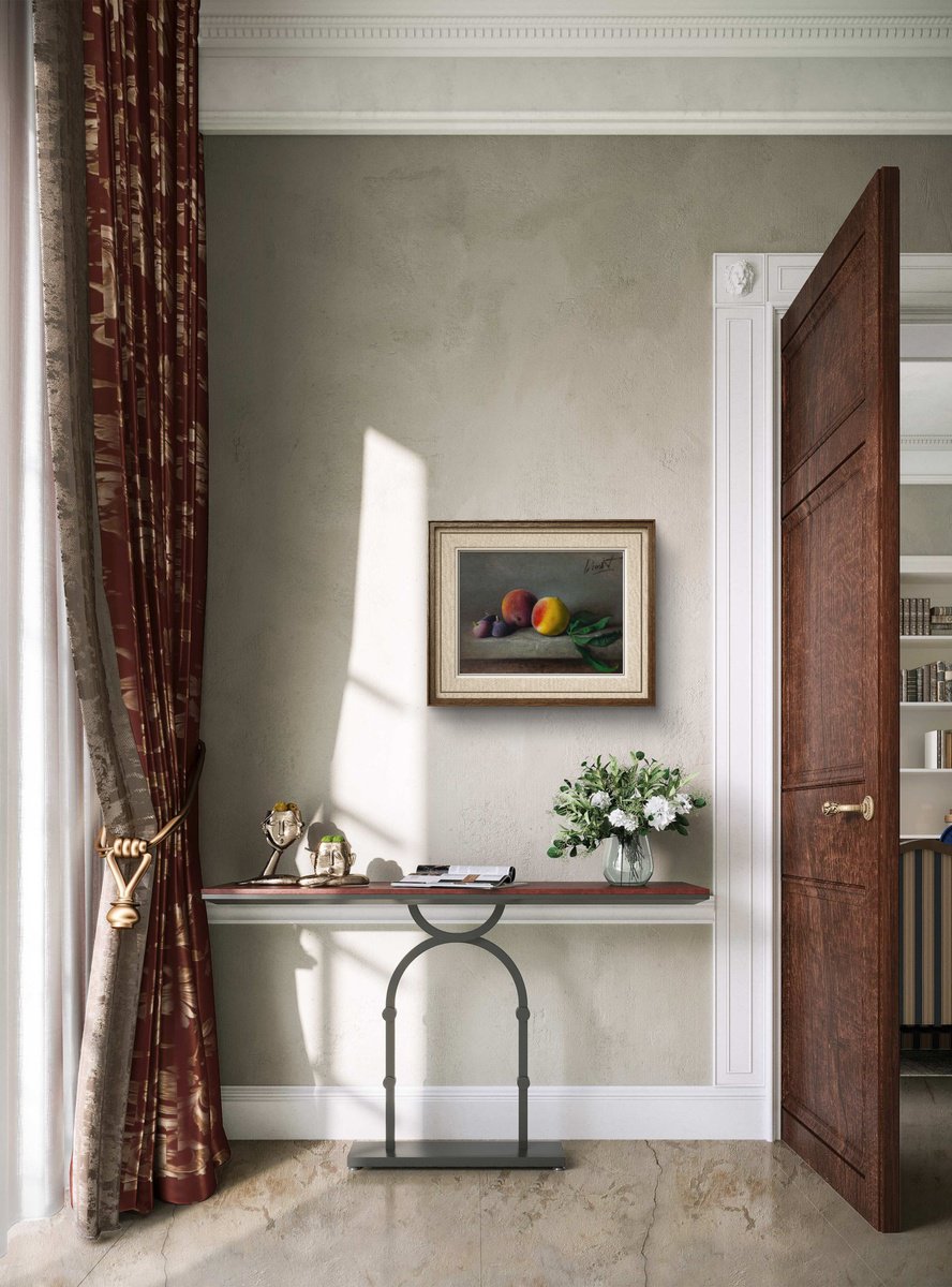 Photorealistic Still Life Oil Painting By Davit Davtyan, 16 X 12, Peaches And Figs, Original Artwork