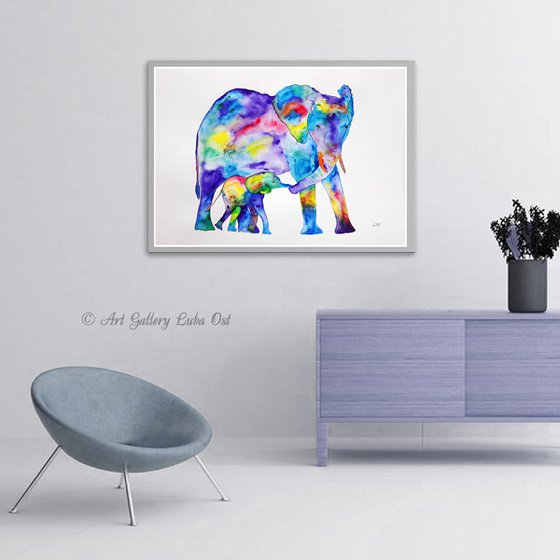 Family of elephants, watercolor