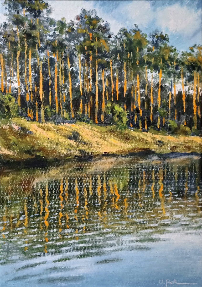 Impressionistic Landscape Oil Painting By Oleh Rak, 20 X 28", Pine Trees By The River 2, Original Artwork