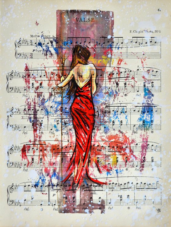 Valse - Girl In The Red Dress - Collage Art on Real Vintage Sheet Music Page