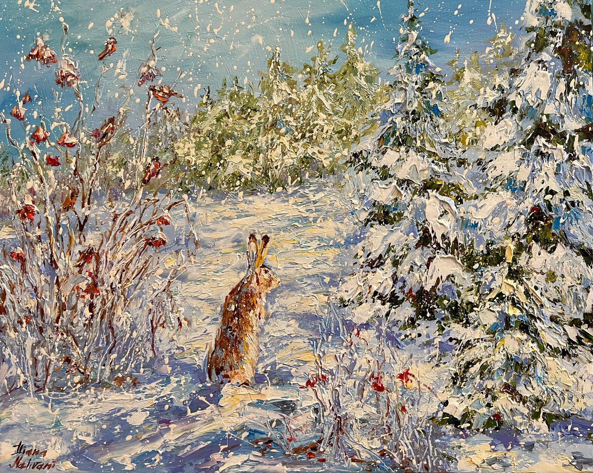 Impressionistic Animal Oil Painting By Diana Malivani, 20 X 16, Winter Day, Original Artwork