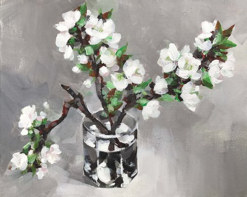 Blossoming cherry branch.. One of a kind, original painting, handmad work, gift. by Galina Poloz