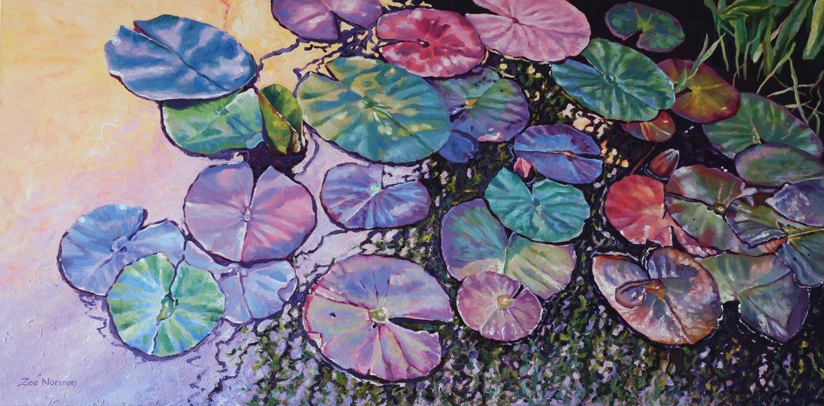 Impressionistic Botanical Oil Painting By Zoe Elizabeth Norman, 40 X 20", Apricot Pond -Waterlilies, Original Artwork